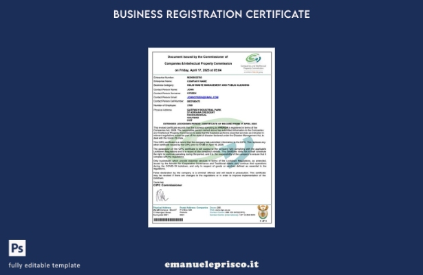 certificato di registrazione della società del Sud Africa in stile verificato. 1